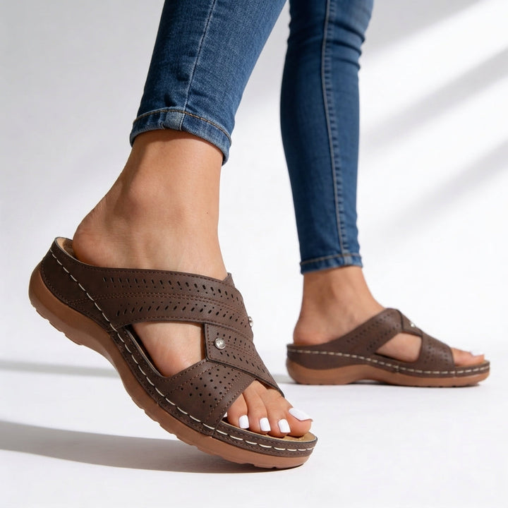 Women's crossover wedge sandals with peep toe, cushioned sole for comfortable walking & easy slip-on summer style.