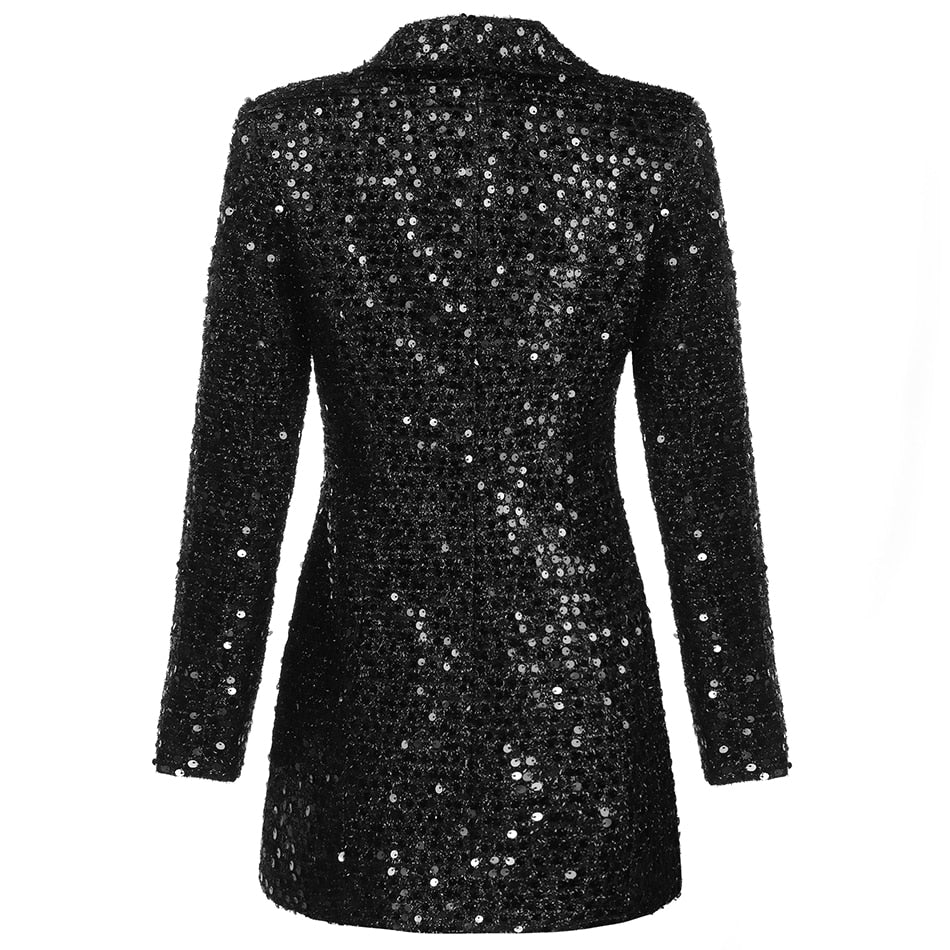 Stylish women's long sleeve glitter blazer, ideal for fashion-forward evening wear and sparkling party outfits.