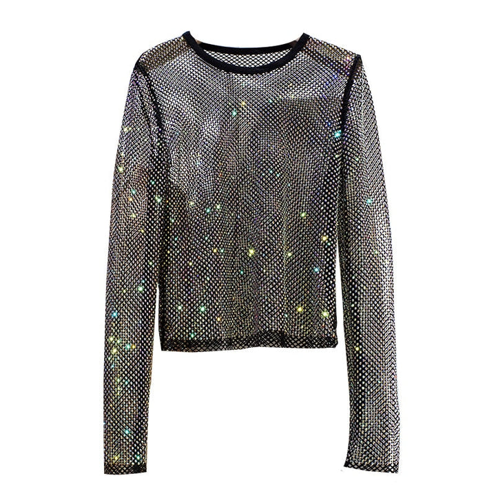 One size women's dazzling shiny long sleeve top. Glamorous party wear with sparkling rhinestone details.