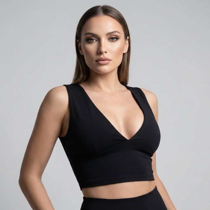 Women's deep V-neck racerback crop top. Stylish sleeveless design perfect for summer casual wear & trendy fashion.