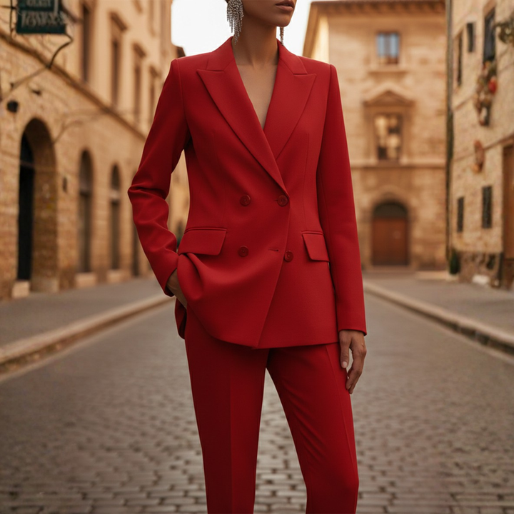 Chic women's double-breasted blazer with straight leg pants. Versatile suit set for business & formal wear.