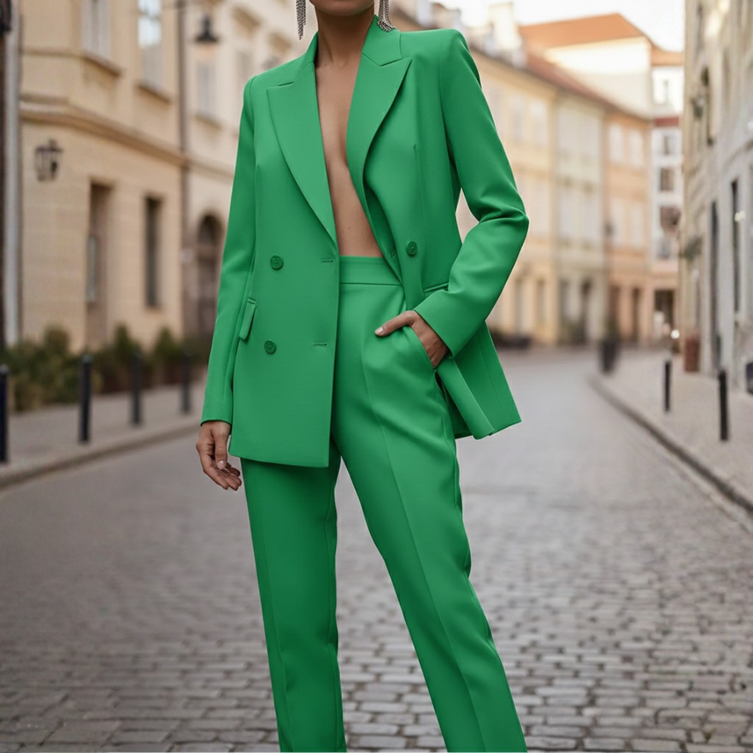 Tailored women's blazer and straight leg pant suit set. Double-breasted design for chic professional wear.
