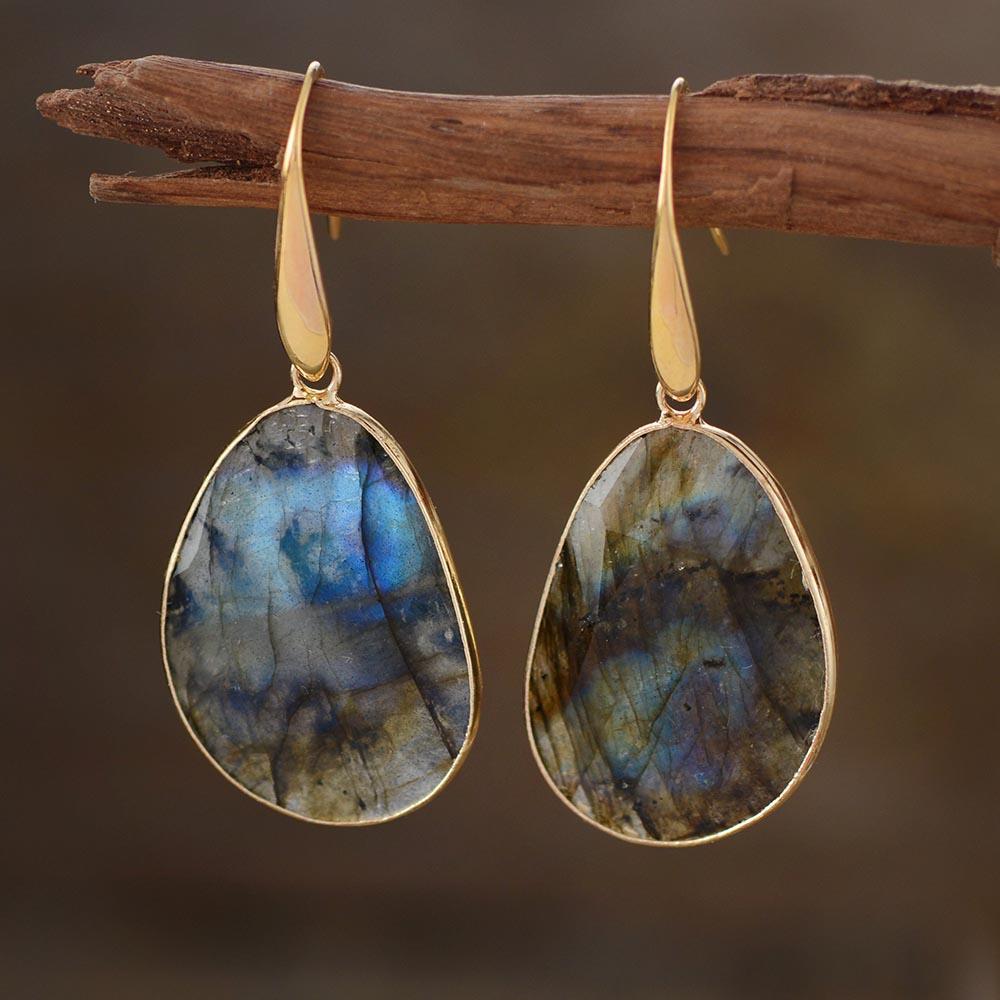 Women's Dreamy Labradorite Dangle Earrings, handcrafted gemstone jewelry for spiritual healing & intuition.