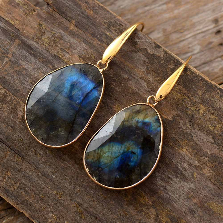 Close-up of Women's Dreamy Labradorite Dangle Earrings, showcasing iridescent flash of spiritual healing gemstone.