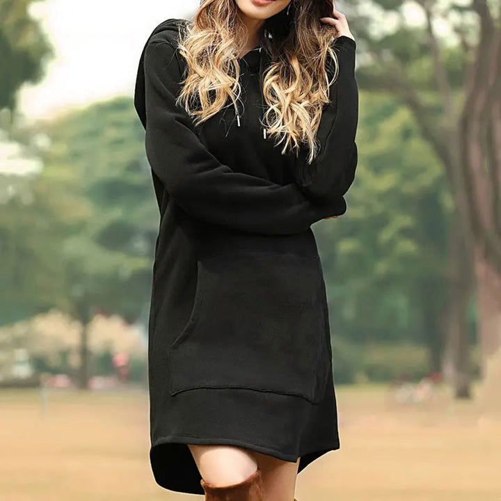 Women's ultimate comfort cocoon hoodie dress. Long, relaxed A-line fit perfect for cozy, stylish daily wear.