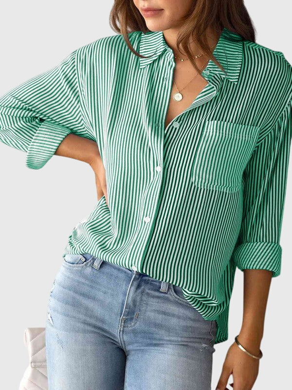 Striped long sleeve collared shirt, women's versatile top for elegant office or casual spring wear.