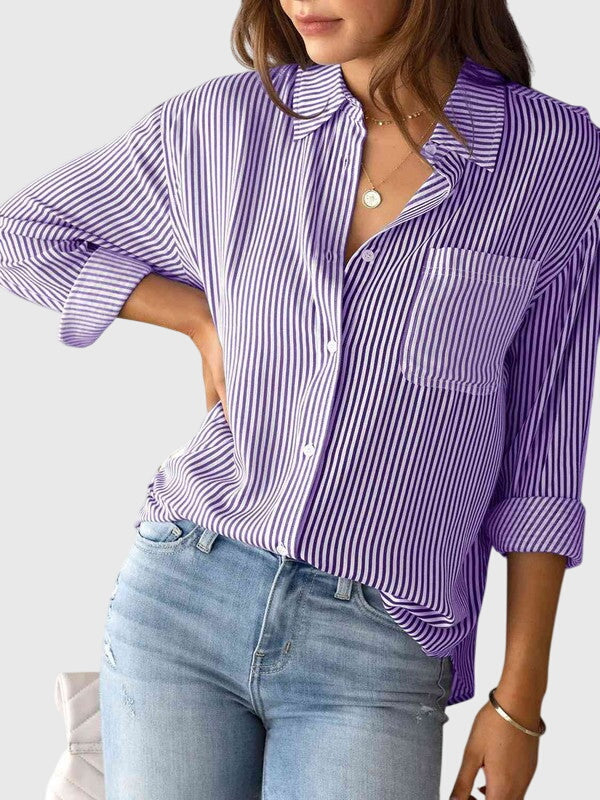 Elegant women's collared long sleeve top, versatile for professional, casual, & daily fashion.