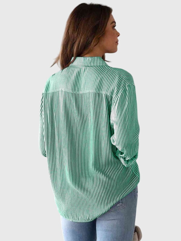 Women's striped collared top, long sleeve, perfect for casual outings, office, and versatile fashion.