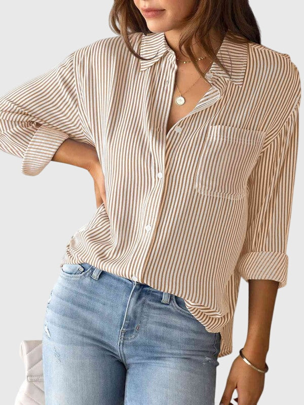Women's elegant collared neck shirt, long sleeve, ideal for professional, casual, and daily style.