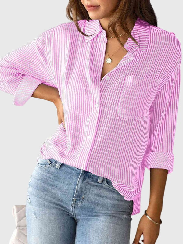 Casual women's striped collared shirt, long sleeve, comfortable for everyday fashion & spring.