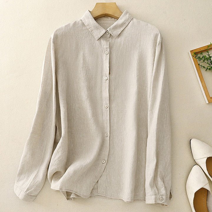 Casual blue women's long sleeve button-down. Relaxed fit top for comfortable everyday spring & summer style.