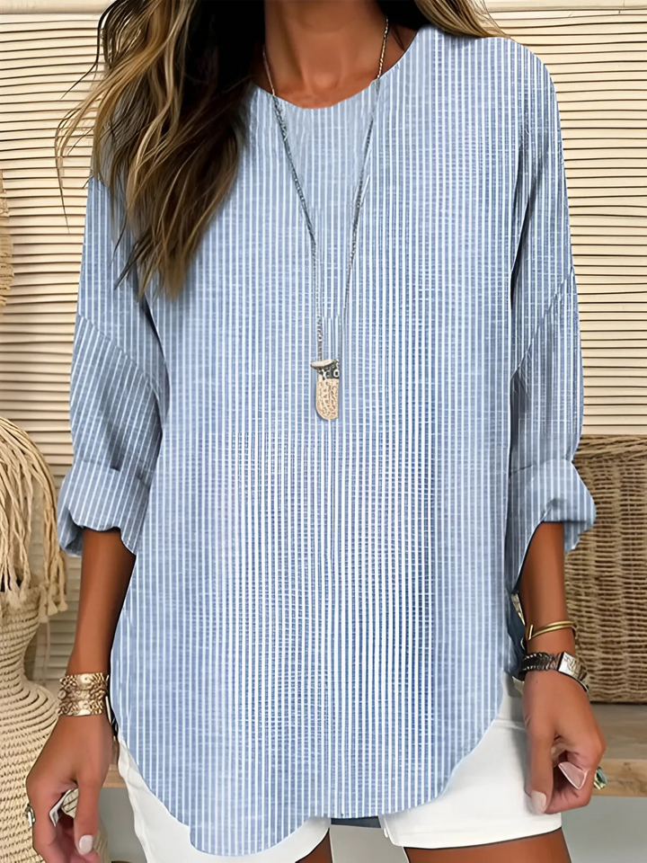 Women's effortless striped long sleeve blouse, relaxed fit, perfect for casual spring or fall everyday fashion.