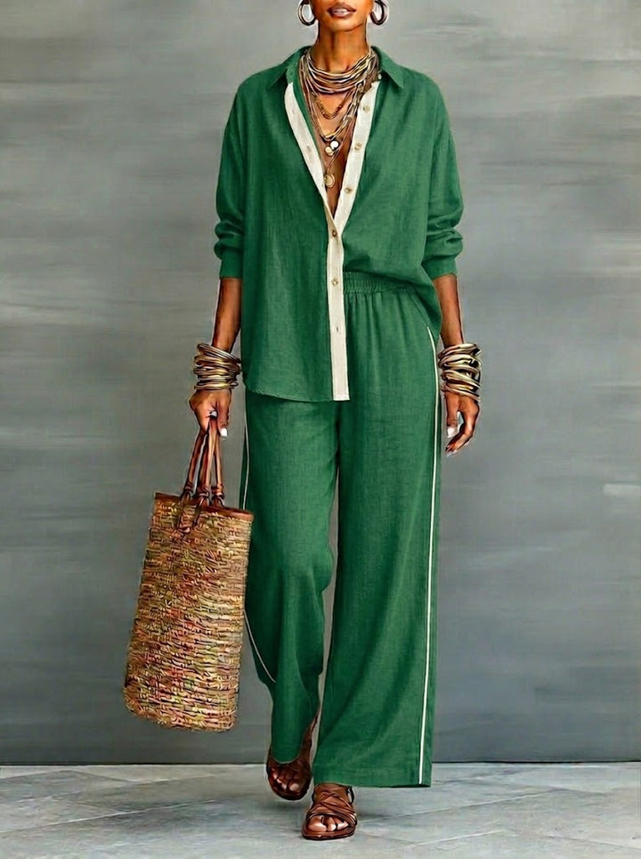 Khaki women's cotton linen 2-piece set, long sleeve V-neck top & elastic waist pants. Casual elegant spring fashion.