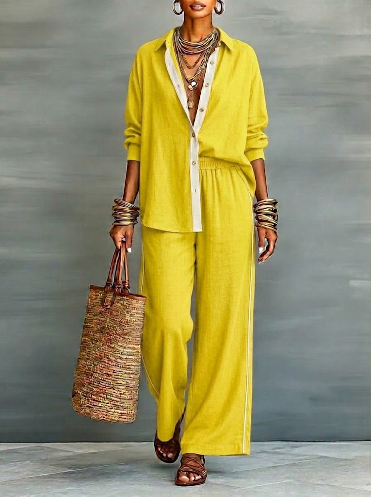 Stylish women's linen blend two-piece outfit with V-neck top & comfortable elastic waist pants. Ideal for casual wear.