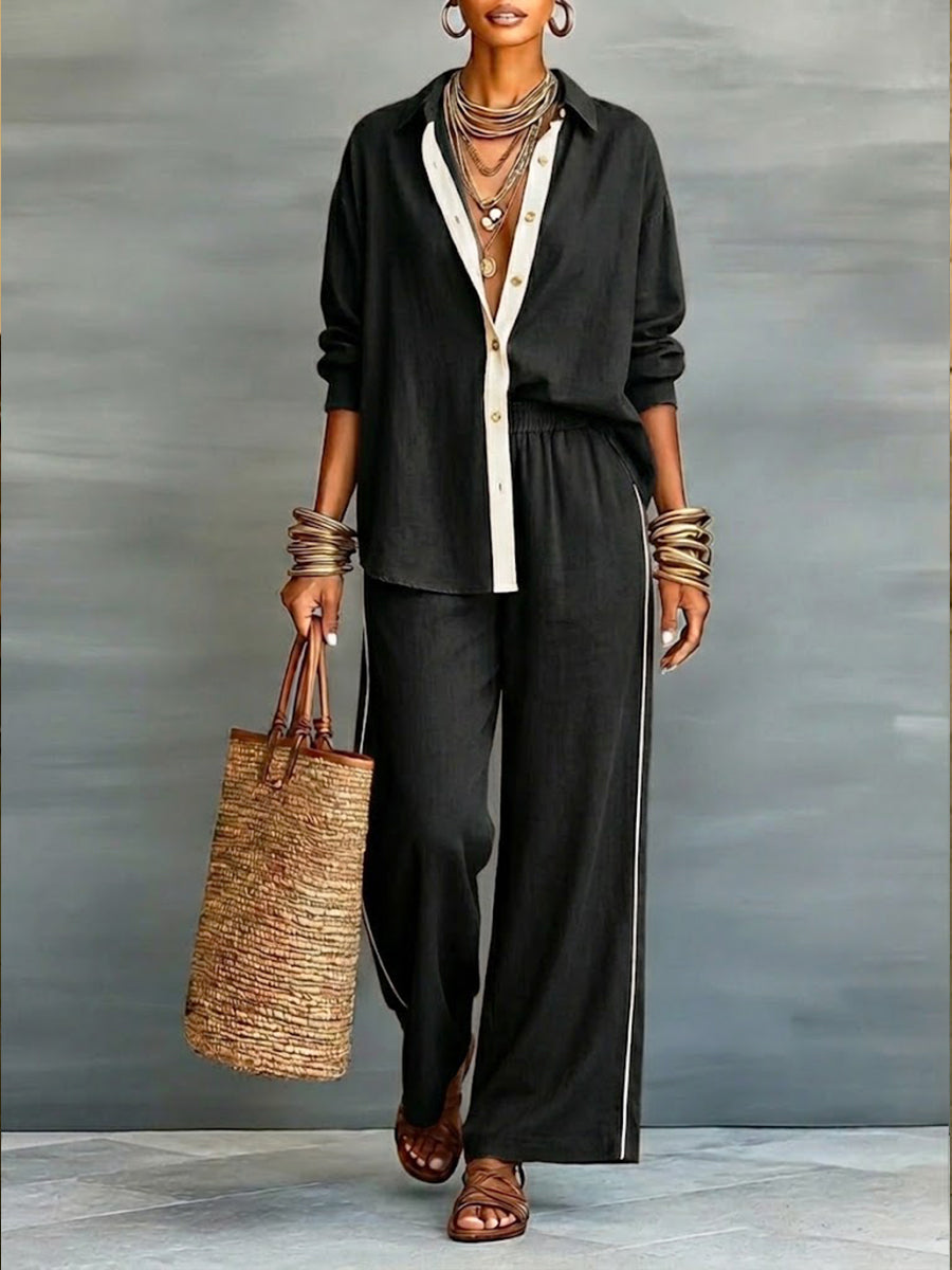 Navy blue women's elegant linen blend set, long sleeve top & elastic waist comfort pants. Perfect for spring/summer.