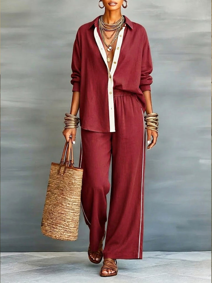 Women's chic two-piece linen blend summer outfit, V-neck top & comfy elastic waist pants. Elegant casual fashion.