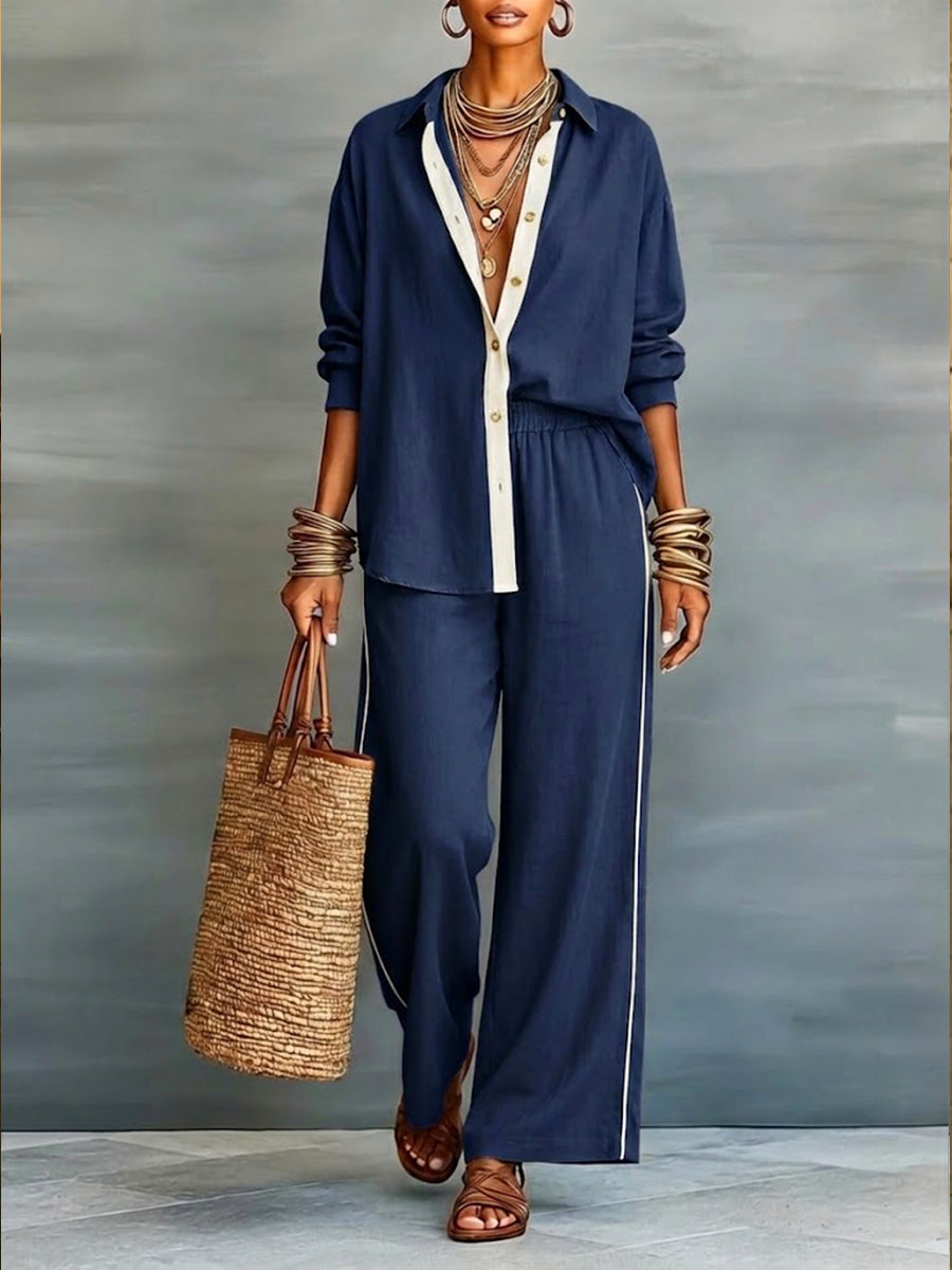 Cotton linen women's V-neck long sleeve top and elastic waist pants 2-piece set. Stylish for spring/summer.
