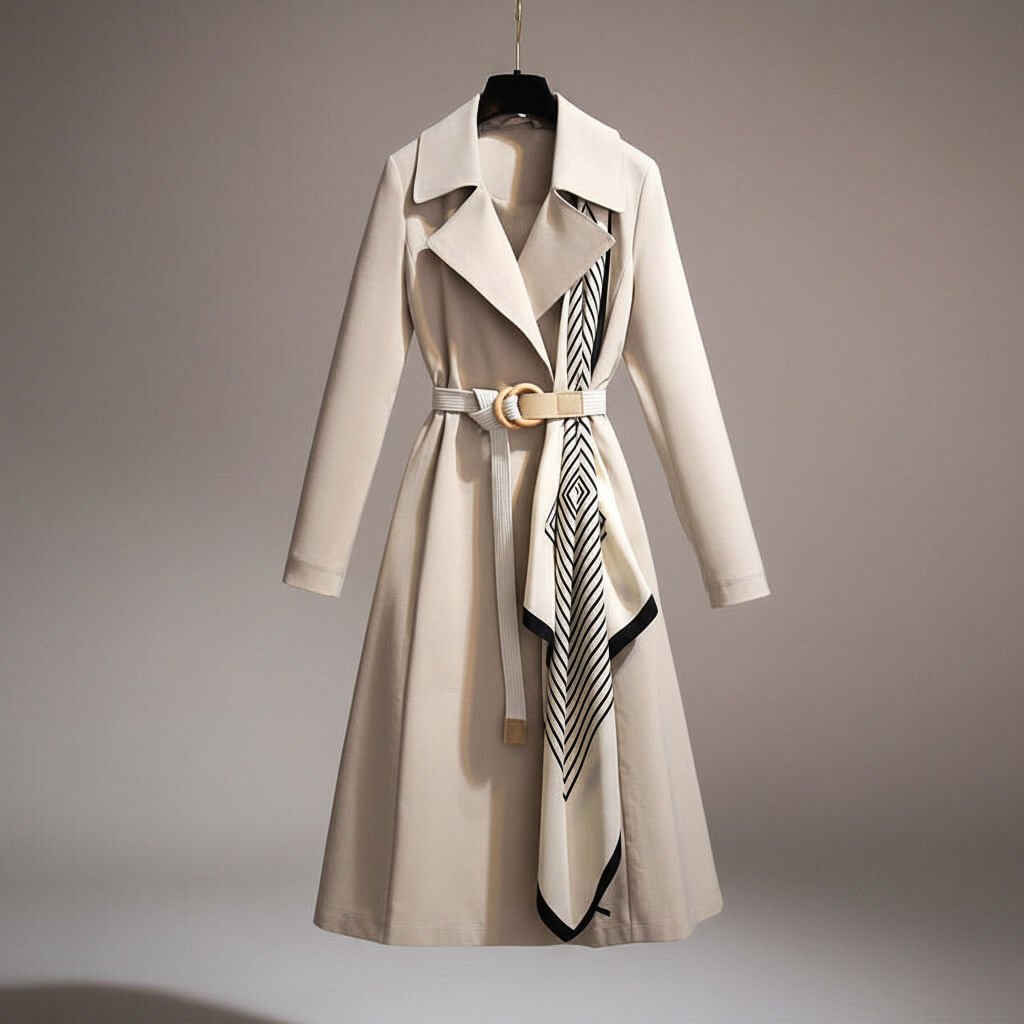 Black women's belted trench coat with elegant scarf detail, ideal lightweight outerwear for versatile fashion.