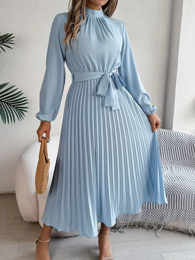 Women's elegant belted pleated midi dress; long sleeves, versatile for autumn & spring occasions.