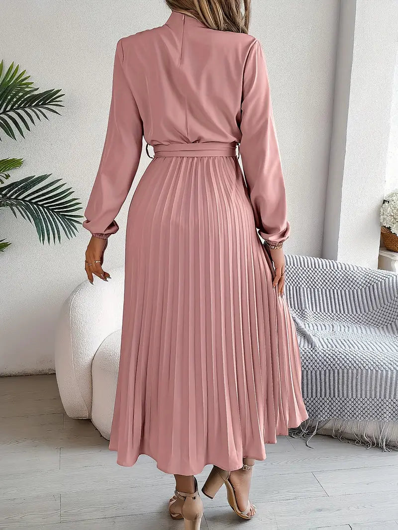 Spring/Autumn women's elegant midi dress, featuring long sleeves, a belt, and stylish pleats.