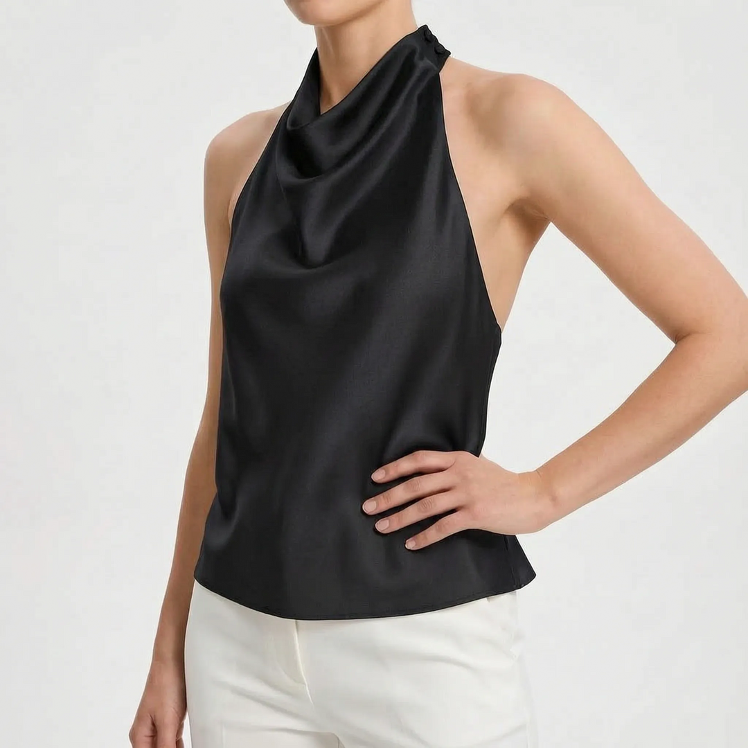 Stylish women's draped halter top, perfect for evening wear, parties, and sophisticated summer fashion.