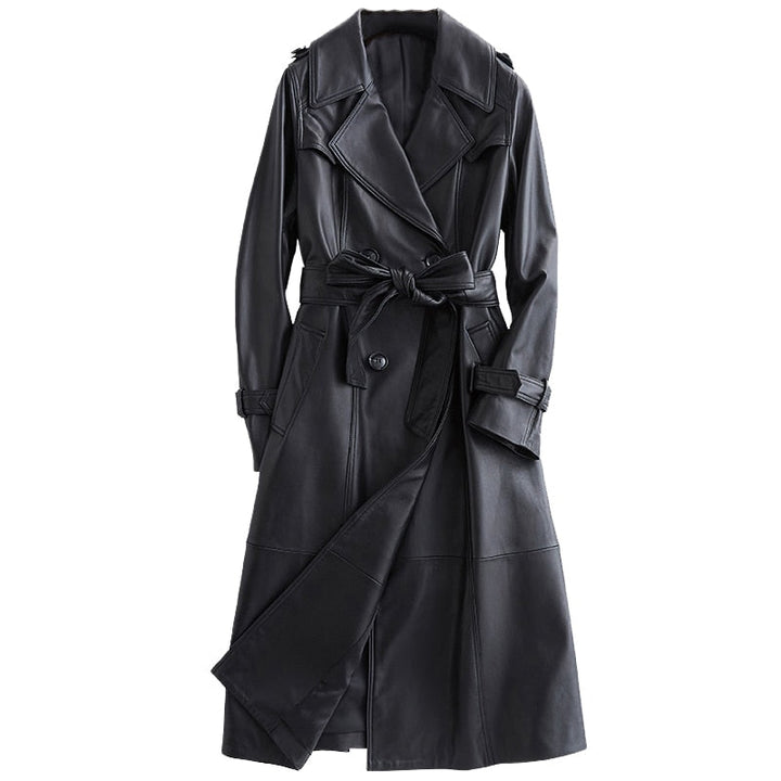 Women's elegant black trench coat, classic double-breasted outerwear perfect for fall and spring fashion.