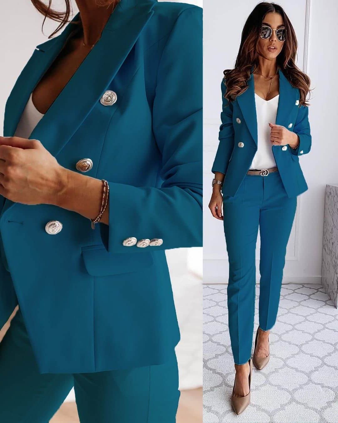 Professional women's blazer and pants set for business fashion, offering a sharp and elegant workwear ensemble.