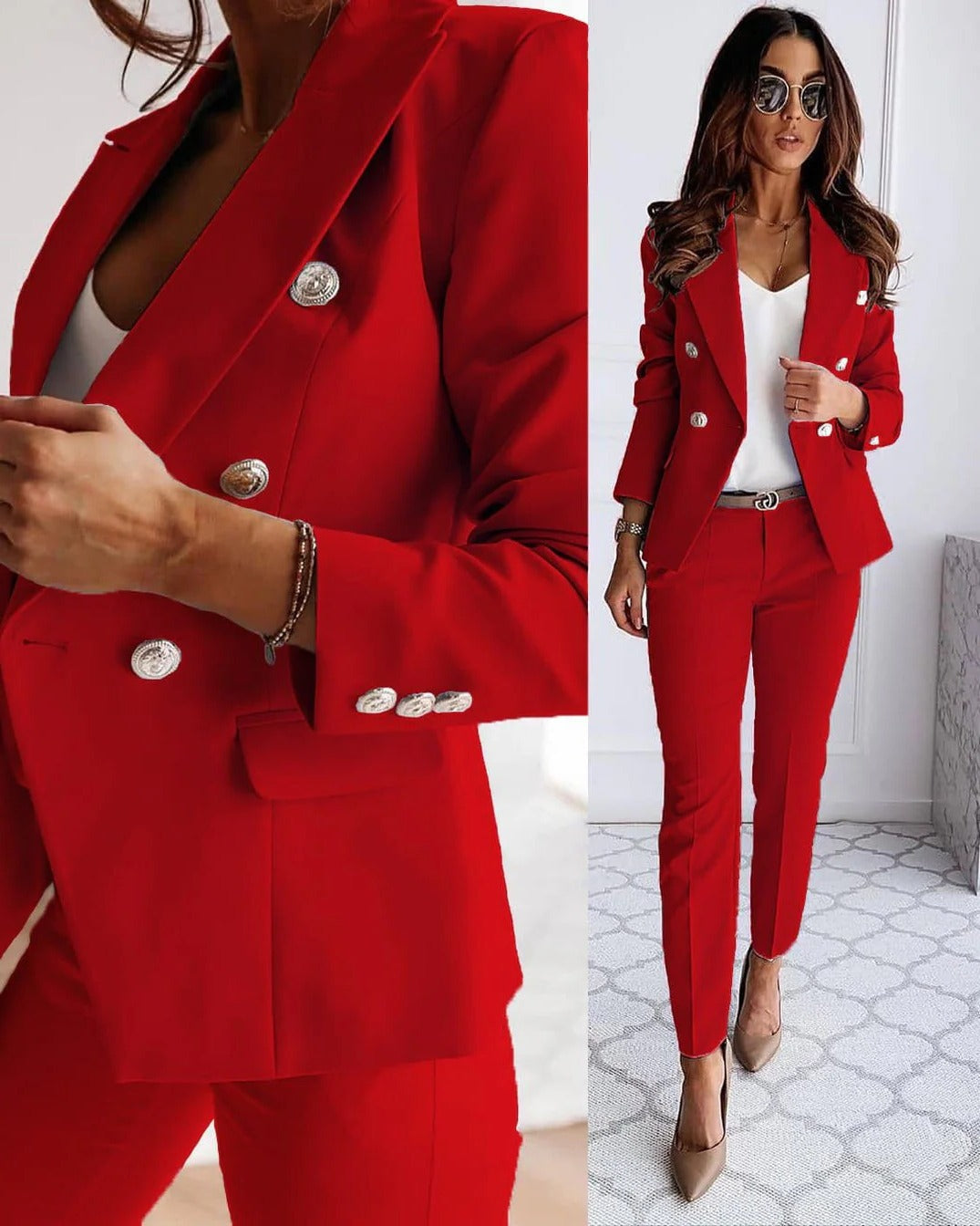 Sophisticated women's blazer set creating a polished, coordinated outfit perfect for business and formal occasions.