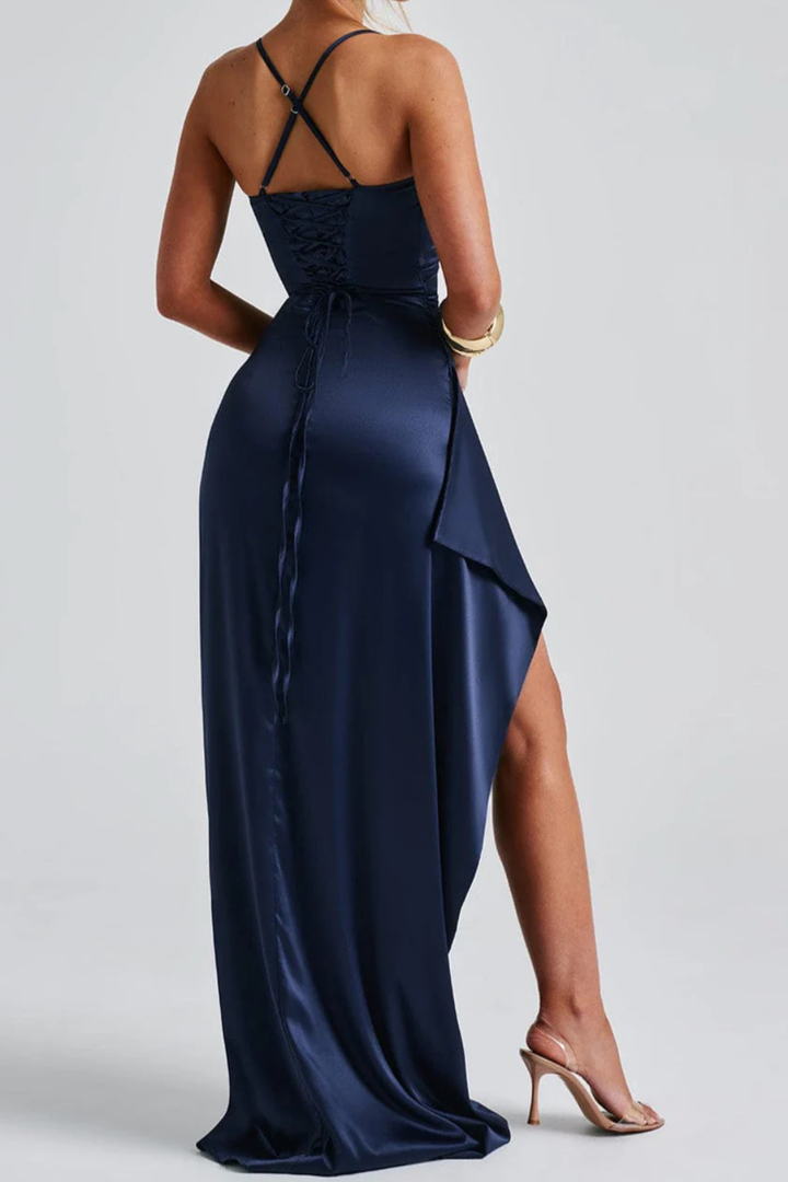 Stunning women's blue ruched maxi dress featuring an elegant split, perfect as a party or formal occasion gown.