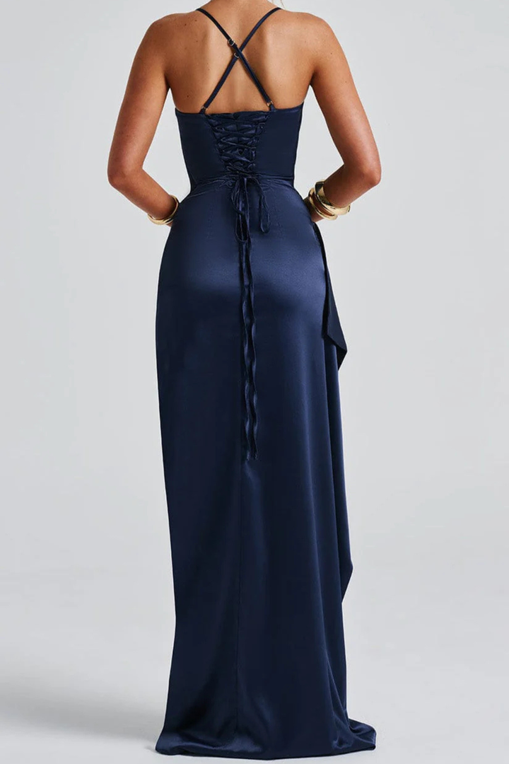 Blue ruched split maxi dress for women, an elegant evening gown or formal party dress for special occasions.