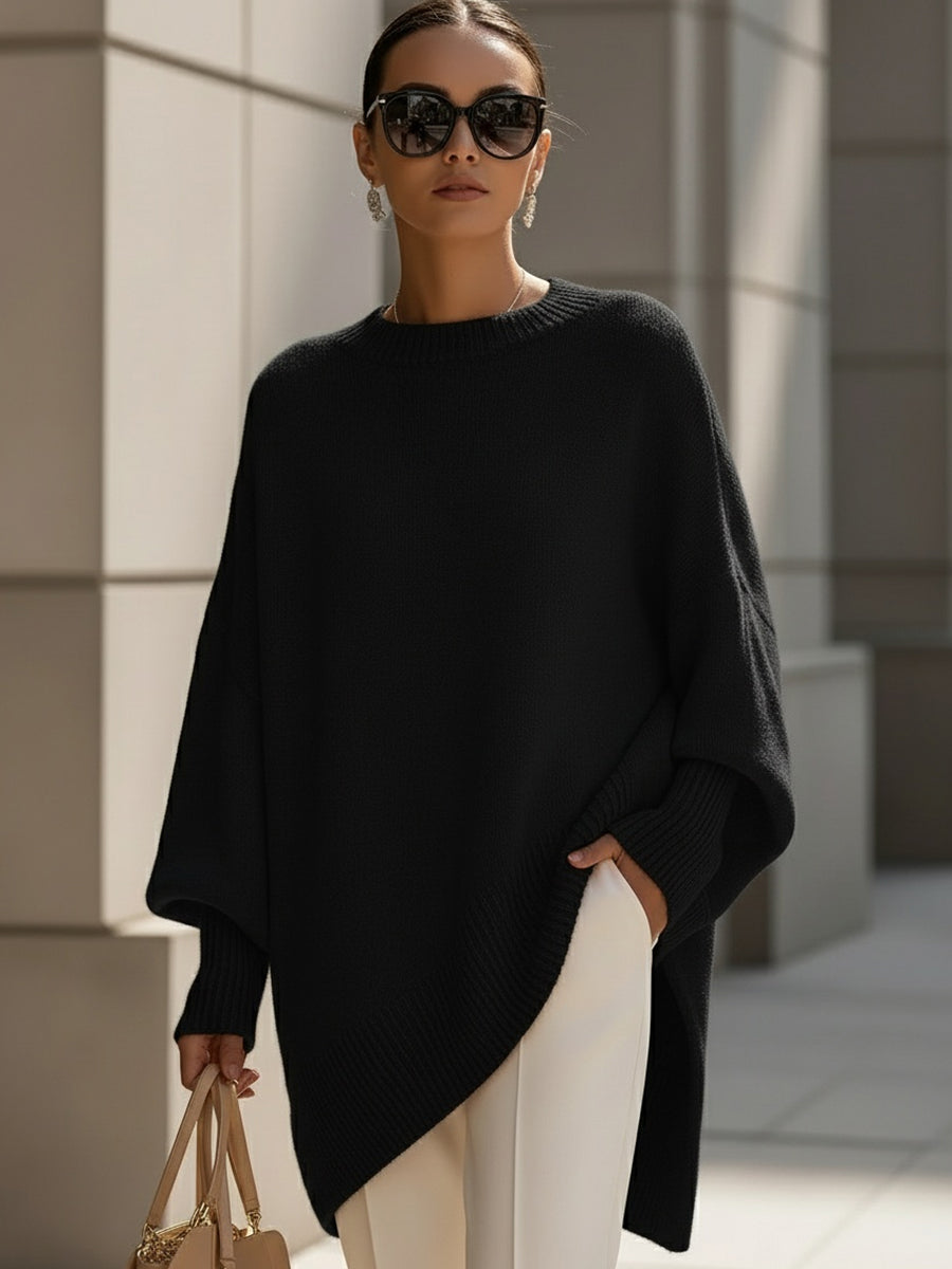 Fashion-forward women's cozy sweater, elegant casual top featuring a unique asymmetrical hem & relaxed fit.