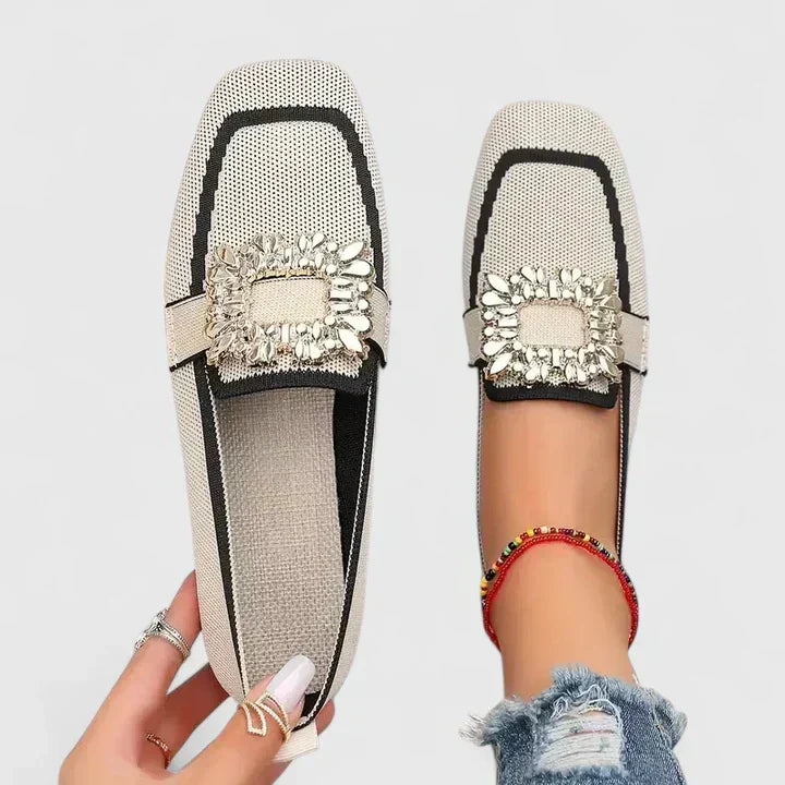 Women's elegant crystal square-toe flat loafers. Chic slip-on footwear for office or everyday wear.
