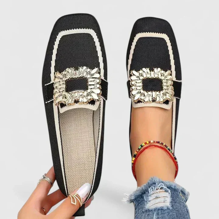 Comfortable women's crystal square-toe flat loafers. Fashionable slip-on shoes in a neutral tone for everyday.