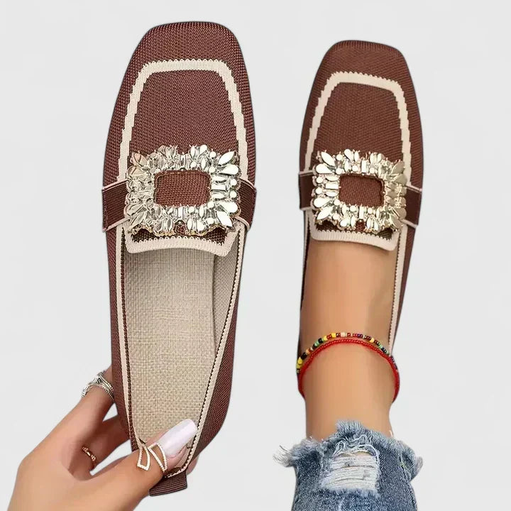 Dazzling crystal square-toe flat loafers for women. Dressy and comfortable, perfect for office wear or chic fashion.