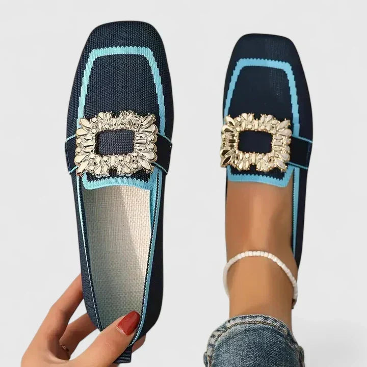 Women's chic square-toe flat loafers with dazzling crystal detail. Elegant and fashionable footwear for women's fashion.