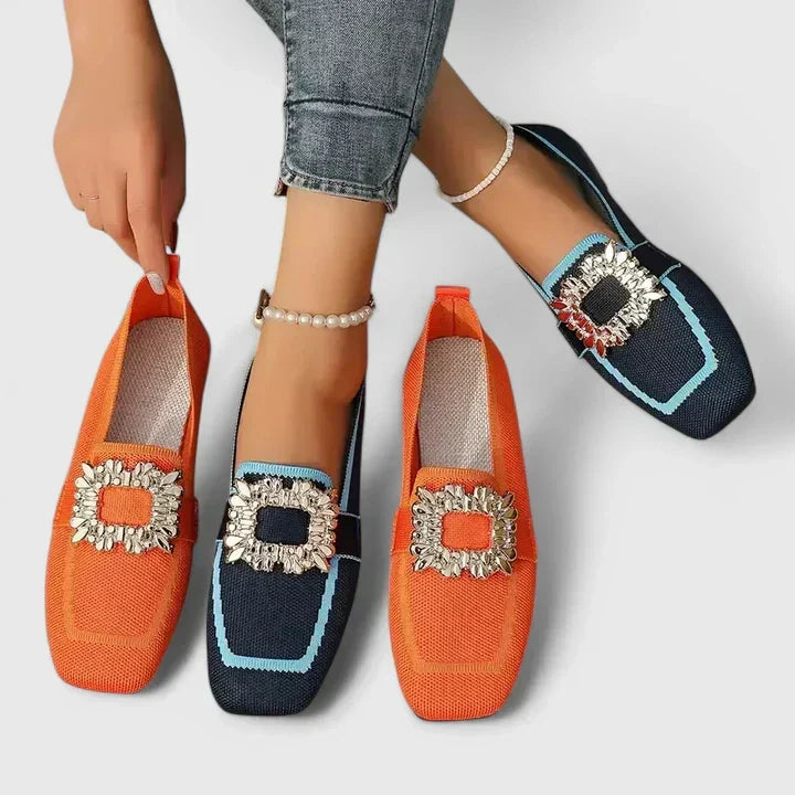 Fashionable women's neutral tone crystal square-toe flat loafers. Versatile and elegant slip-on footwear.