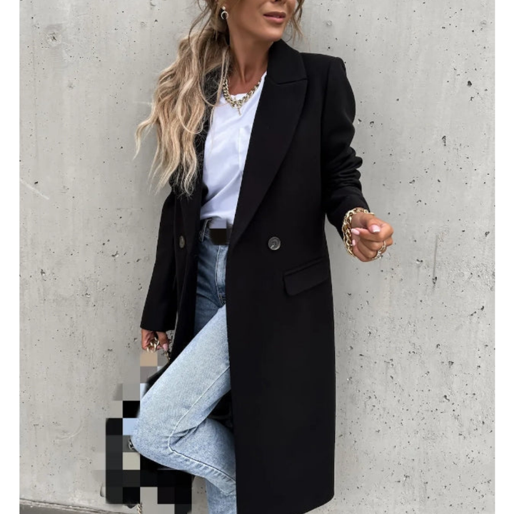 Elegant women's double-breasted long coat, a stylish trench with a refined lapel collar for chic winter fashion.