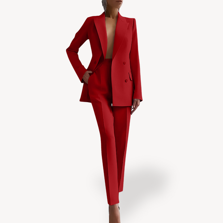 Women's tailored double-breasted pant suit. Versatile for office, formal events, & chic everyday wear.