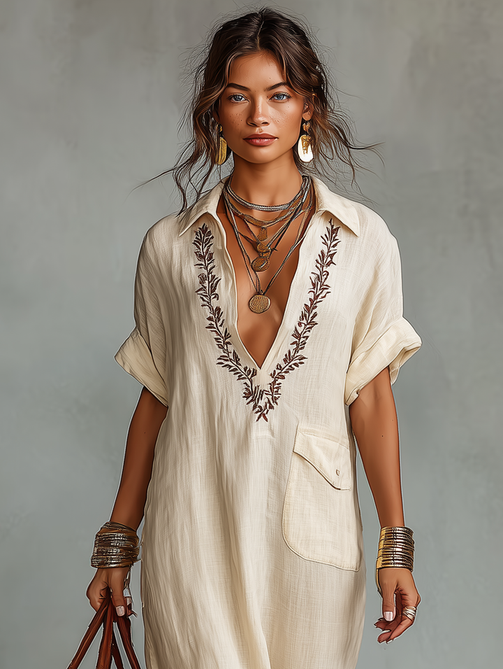Women's embroidered short sleeve shirt dress, a versatile maxi length, great for spring fashion and resort wear.