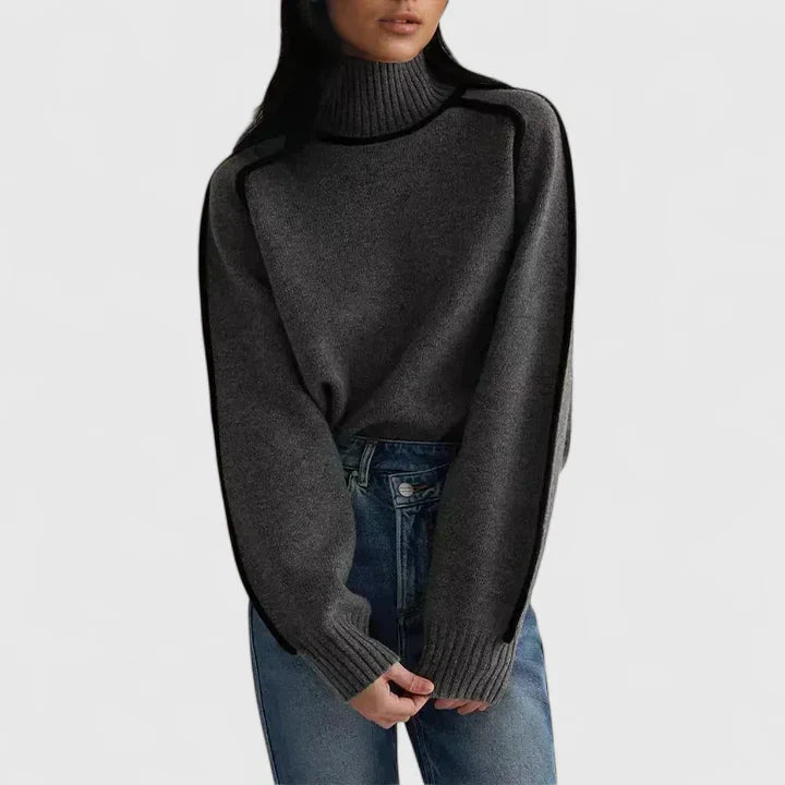 Chic women's brown elegant fitted knit sweater. Versatile long-sleeve top for casual chic or sophisticated office wear.