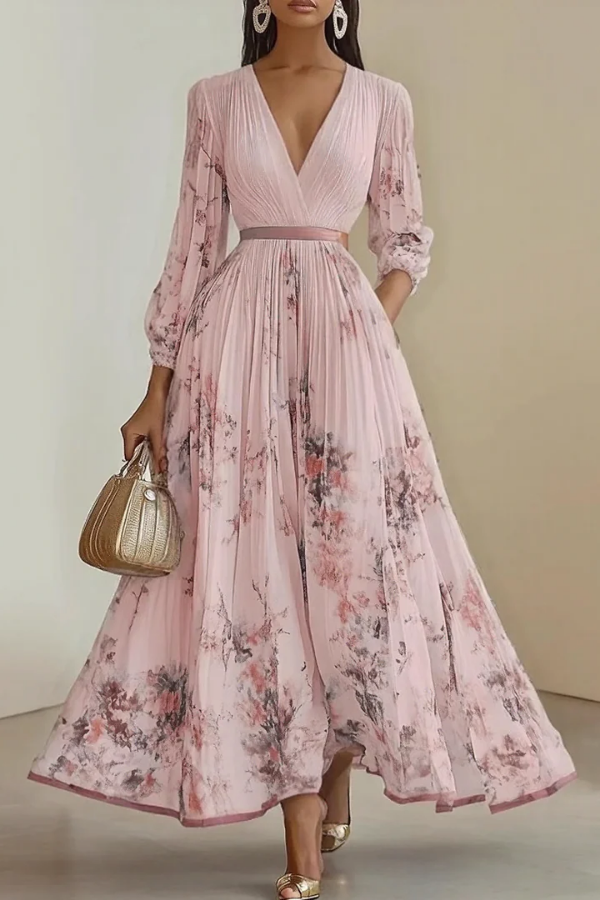 Versatile women's floral long sleeve pleated V-neck maxi dress, comfortable for casual wear or dressed up for occasions.