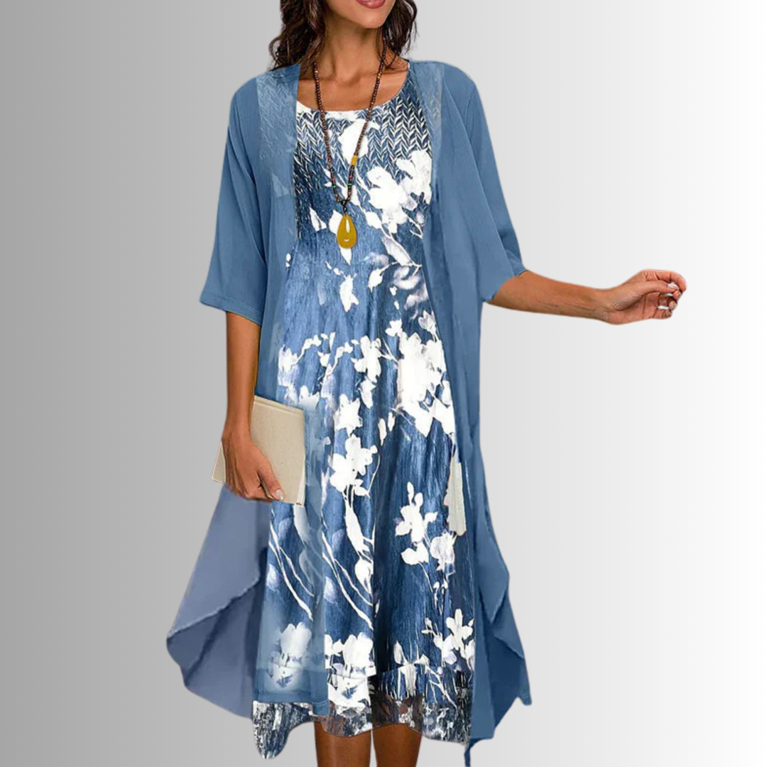 Versatile women's floral midi dress & cardigan, perfect for casual chic, vacation, or an elegant party outfit.