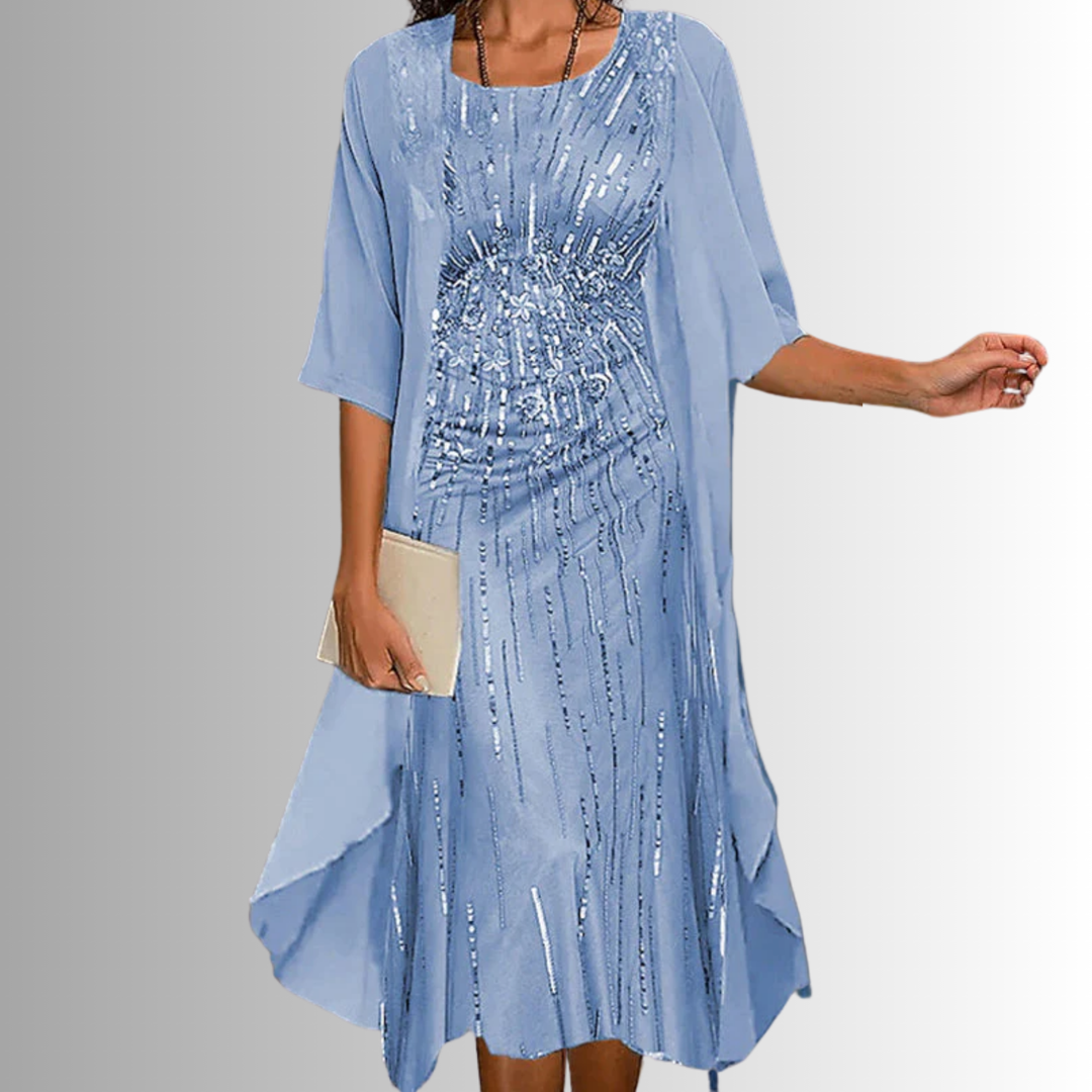 Chic 2-piece women's outfit: a sleeveless floral midi dress paired with a light, elegant cardigan for any event.
