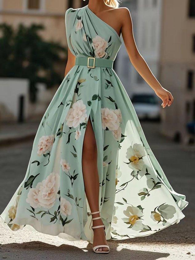 Women's party-ready floral one-shoulder A-line maxi dress with ruched accents, an elegant choice for any celebration.
