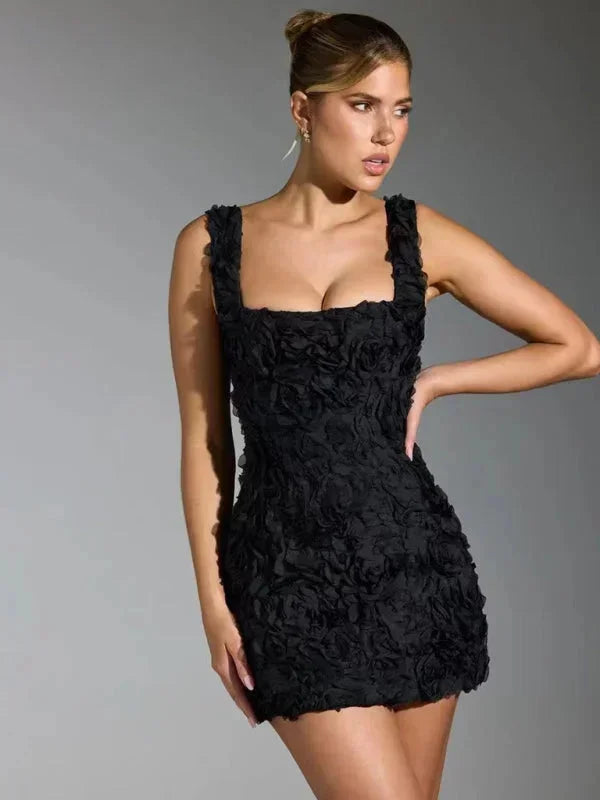 Women's sleeveless floral textured mini dress, perfect for elegant parties & special events.