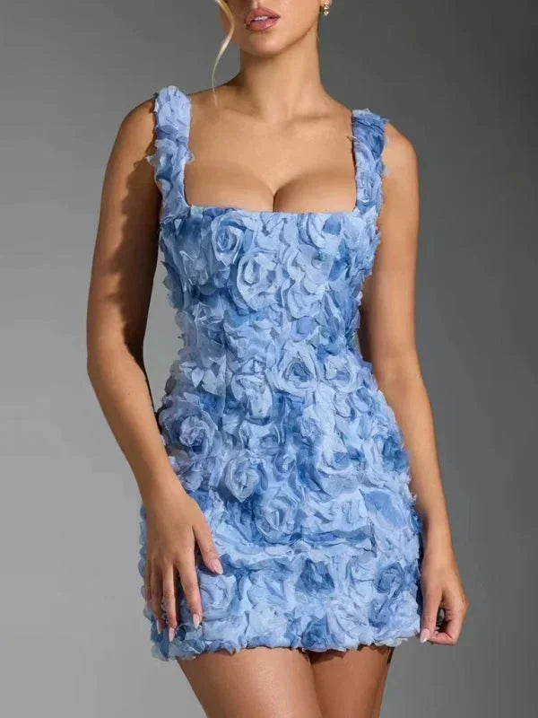 Women's stylish floral textured mini party dress, great for glamorous events.