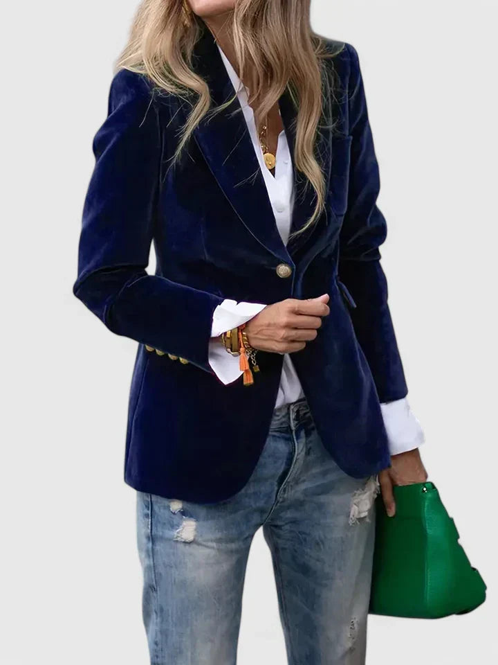 Sophisticated tailored women's blazer with chic gold buttons; perfect for office attire or versatile styling.
