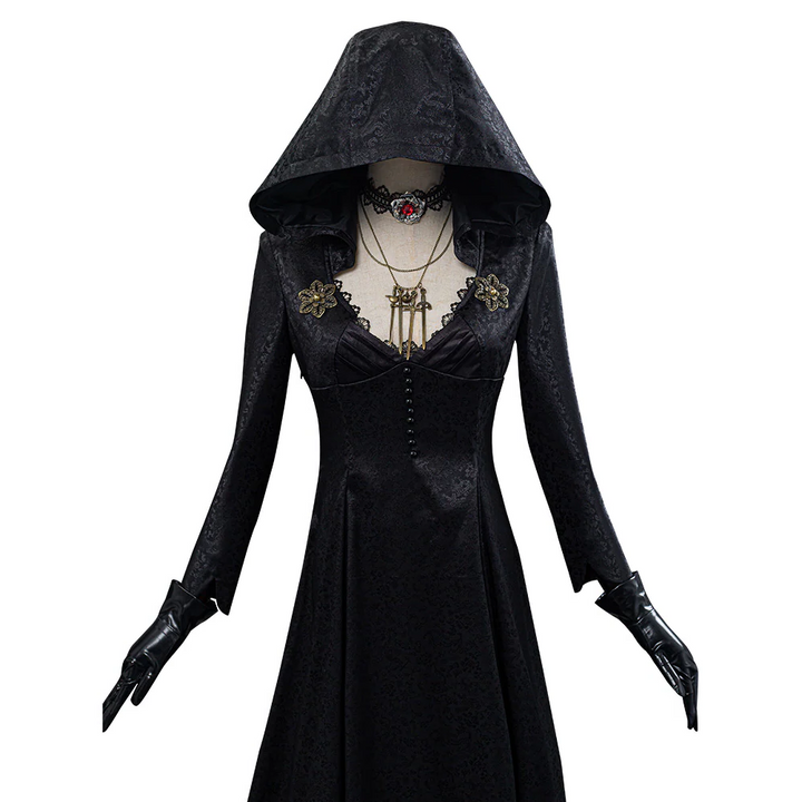 Women's sophisticated vampire lady cosplay dress, a luxurious gothic costume for Halloween or themed parties.