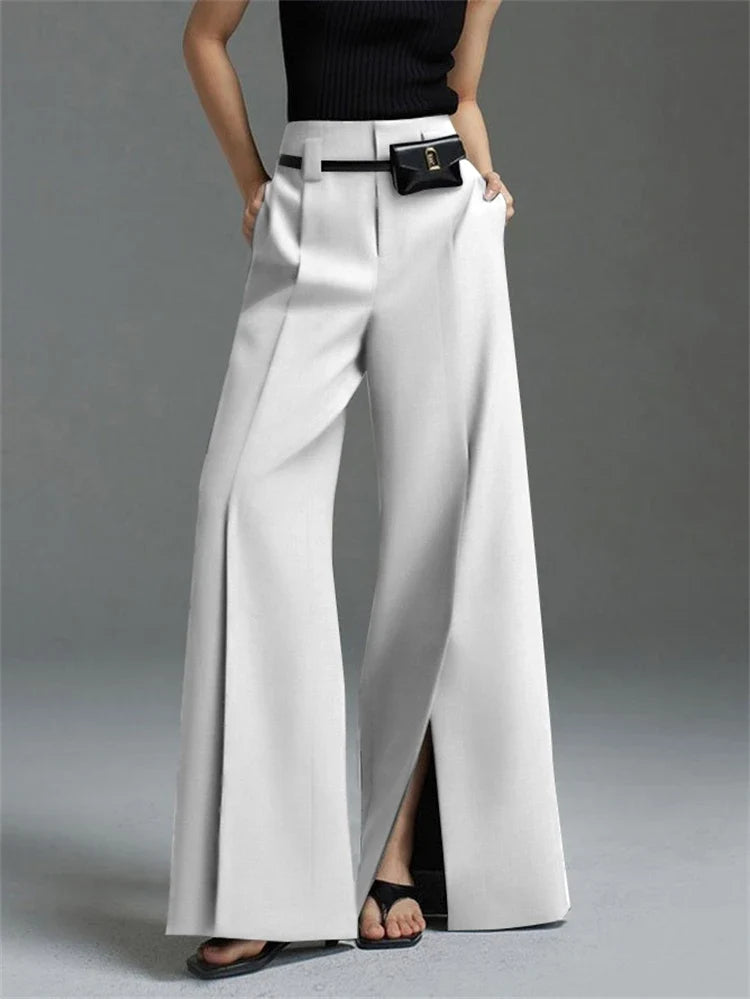 Chic women's wide-leg trousers, high-waisted with modern split front. Comfortable for spring & summer fashion.
