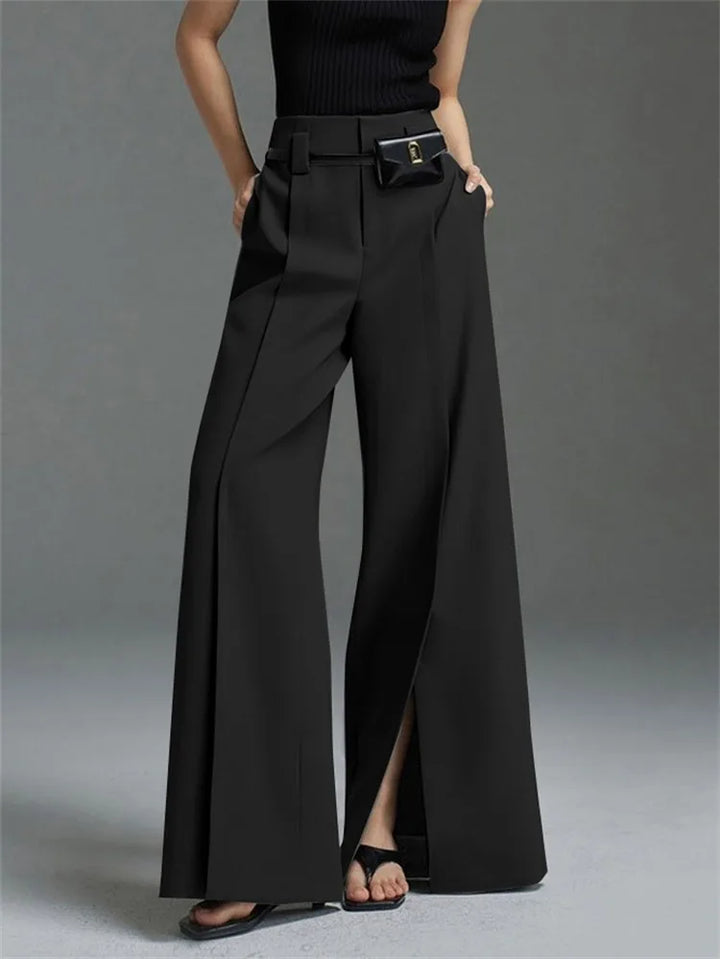 Elegant women's wide-leg pants with high waist and split front detail. Perfect for a sophisticated office wear look.